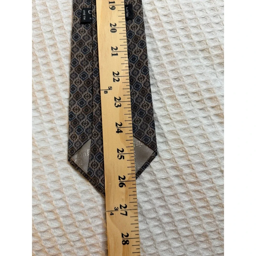 Christian Dior Necktie Mens One Size Brown Blue Geometric Silk Made in USA